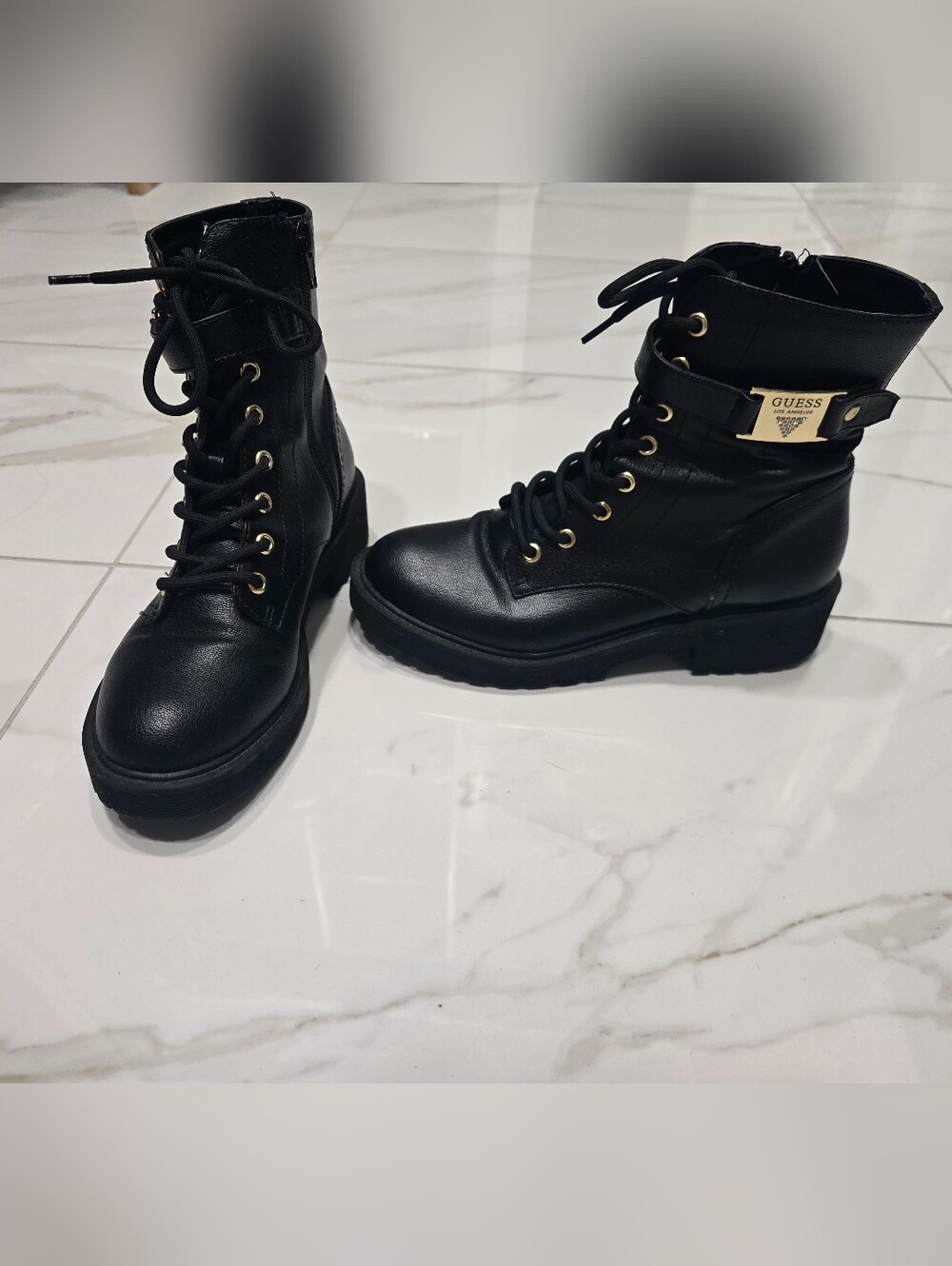 Guess Boots- Black Lace-Up Combat Boots with Gold Eyelets